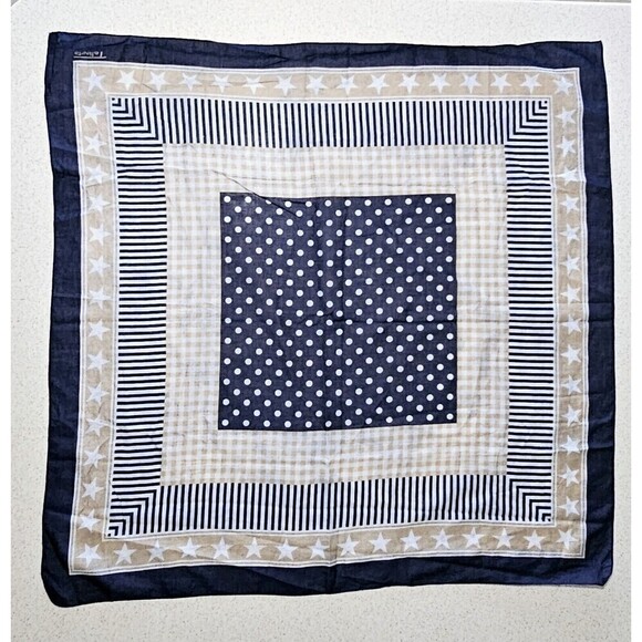TALBOTS Vintage Lightweight Navy Blue Polka Dot Stripes & Stars Square Scarf 30" - Picture 4 of 6